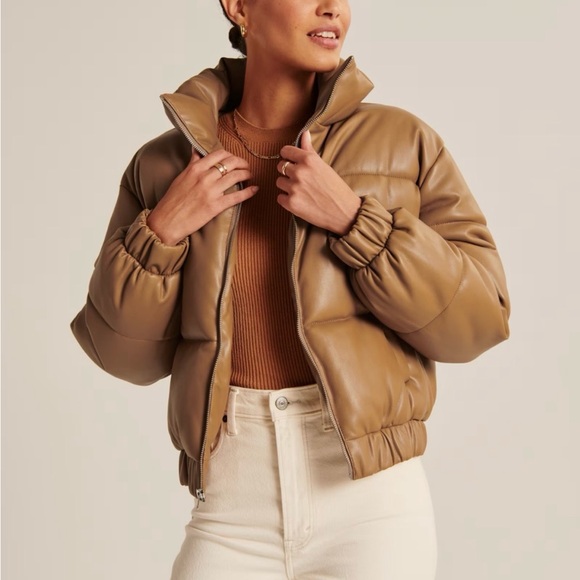 Abercrombie & Fitch Tan Vegan Leather Puffer Jacket - Picture 1 of 10